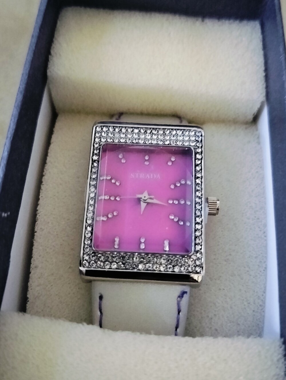 Strada Silver-Tone Faux Leather Band Watch, Crystal Accents, Pink Face